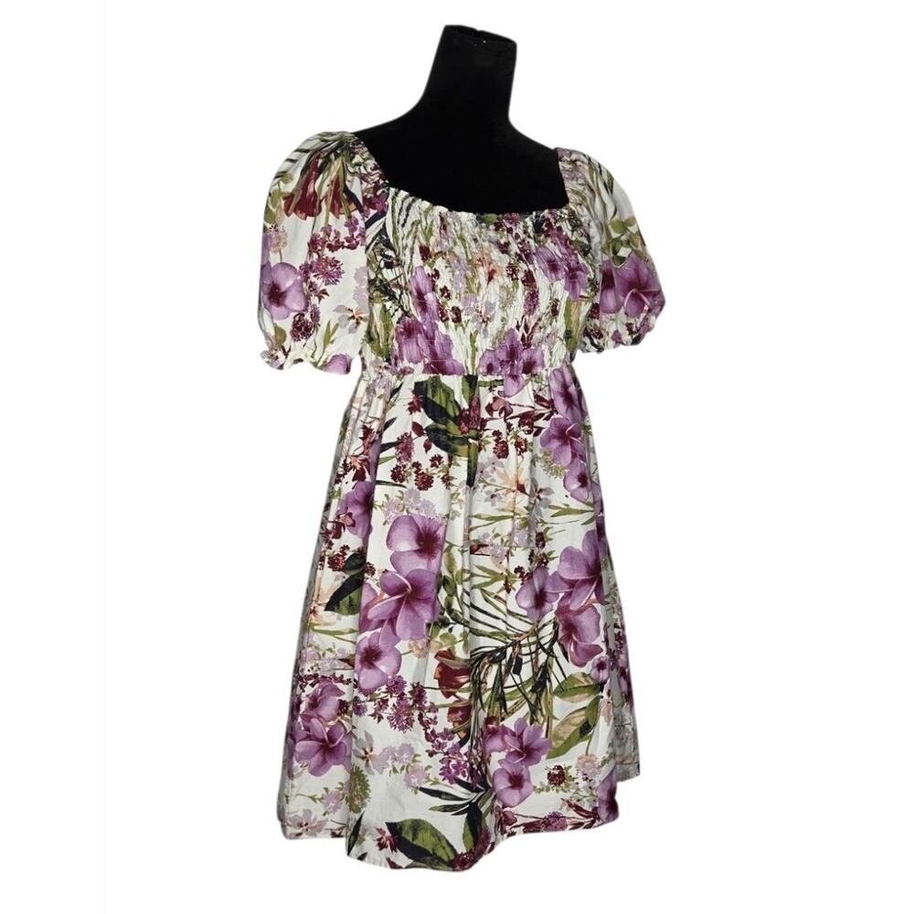 Floral Cotton Mini Dress Tropical Resort Smocked Off Shoulder Puff Sleeve Fits M - Picture 2 of 8